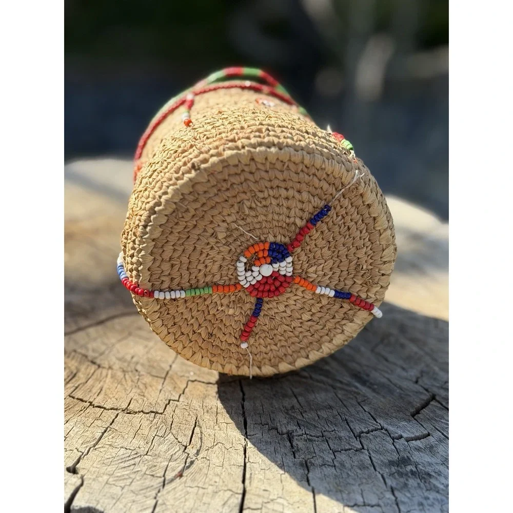 Old Expertly Handwoven‎ Beaded Basket – Glass Trade Beads – 4.5